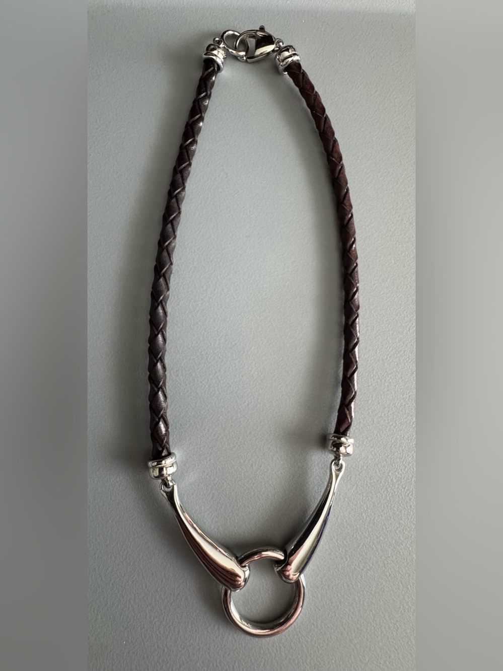 Braided Brown Leather Necklace with Silver Tone Hardware